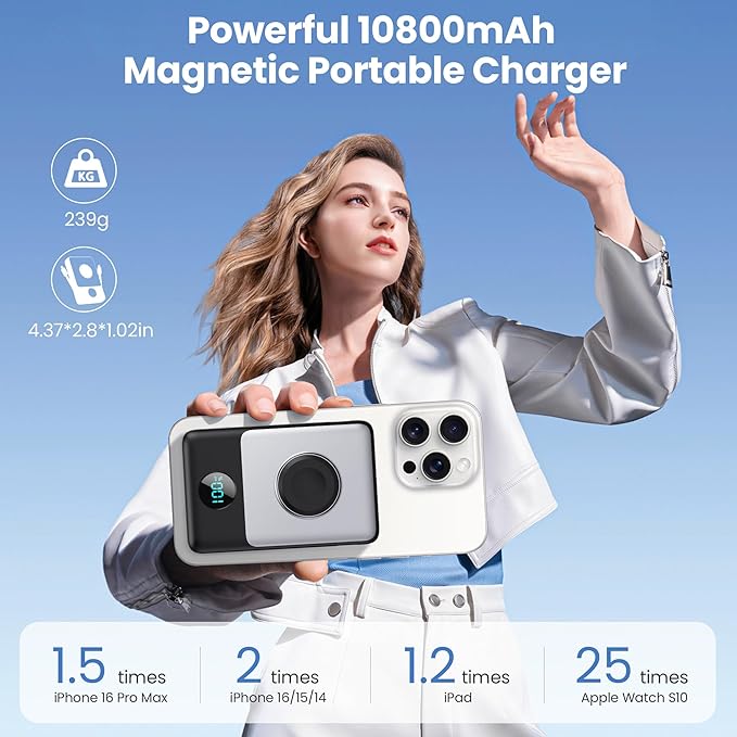 Magnetic Portable Charger 10800mAh for iPhone with Built-in Cables, 6-in-1 Wireless Power Bank with iWatch Charger, LCD Display 25W PD Fast Charging Battery Pack for iPhone 16/15/14/13/12, Apple Watch
