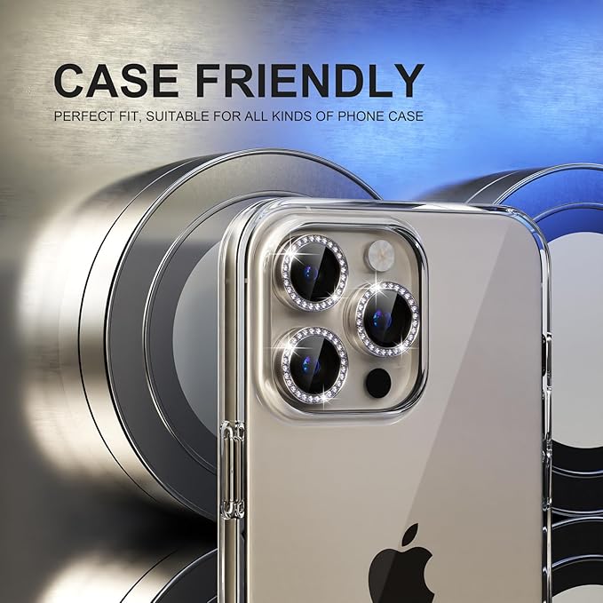 Choiche Compatible for iPhone 15 Pro/iPhone 15 Pro Max Camera Lens Protector Bling, 9H Tempered Glass Camera Cover Screen Protector Metal Ring Decoration Accessories (Diamond-Titanium Gray)