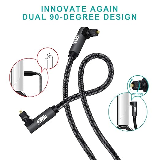 EMK 【Upgraded】 Double 90 Degree Optical Audio Cable Free-Rotating Toslink Plug Nylon Braided S/PDIF Digital Right Angle Optical Male to Male Cable for Home Theater,Sound Bar,TV(6.6ft/2m)