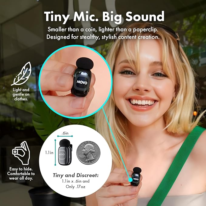 Movo NanoMic Dual Lightning Wireless Microphone for iPhone 14 and Below– Lavalier Mic for iPhone, Great for Vlogging, TikTok, Content Creation