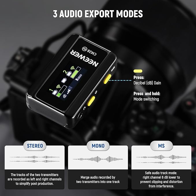 NEEWER CM28 Wireless Lavalier Microphone System with Charging Case, 2 Mic Clips, 1 Click Noise Canceling, 4GB Storage, 9H Playtime, Lavalier Lapel Mic Compatible with iPhone/Android/PC/Camera/iPad