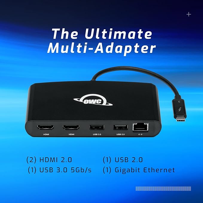 OWC Thunderbolt mini Dock, Bus-Powered 5-Port Multi-Adapter with Dual 4K HDMI, Dual USB, Gigabit Ethernet, Integrated 7.2-inch TB Cable, for TB (USB-C) Equipped Mac and PC