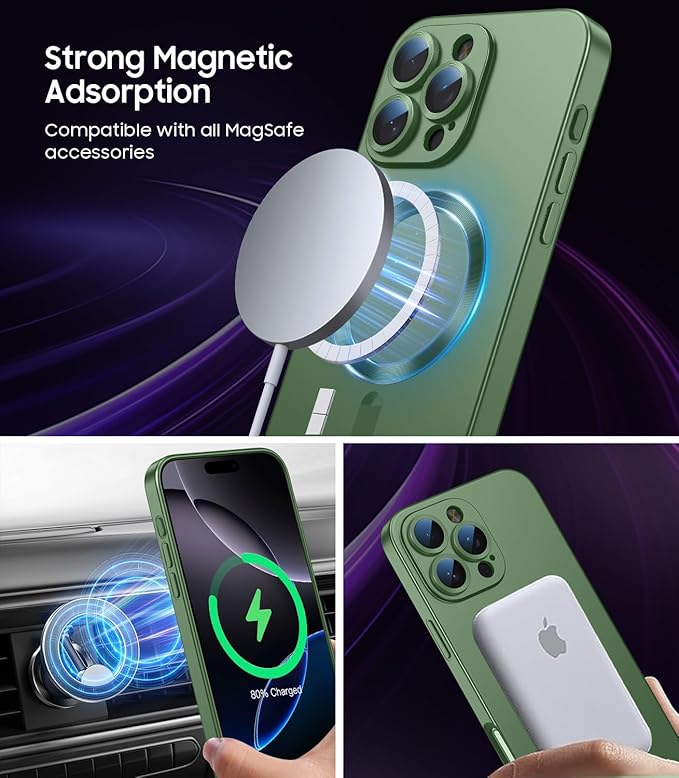 Magnetic for iPhone 16 Pro Max Case [Compatible with MagSafe][Built-in Camera Lens Protector] Slim Soft Silicone Bumper Shockproof Metallic Luster Phone Case (Green)