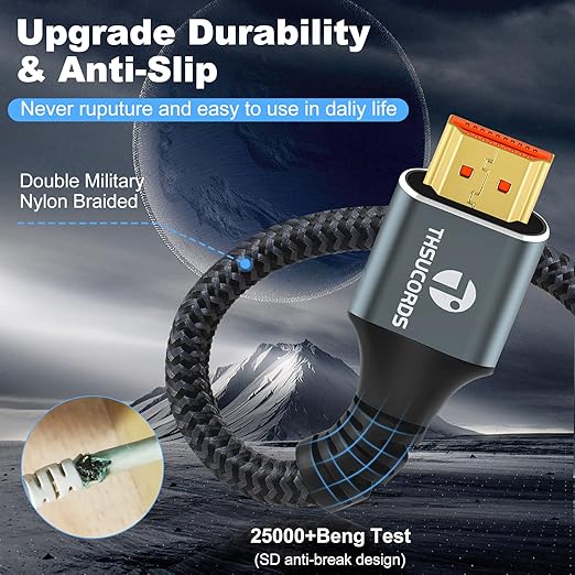 8K 4K HDMI Cable 6.6FT 2 Pack, High Speed Braided HDMI to HDMI 2.1 Cord Supports 8K@60Hz, 4K@120Hz 144Hz 48Gbps Compatible with Roku TV/PS5/HDTV/Blu-ray