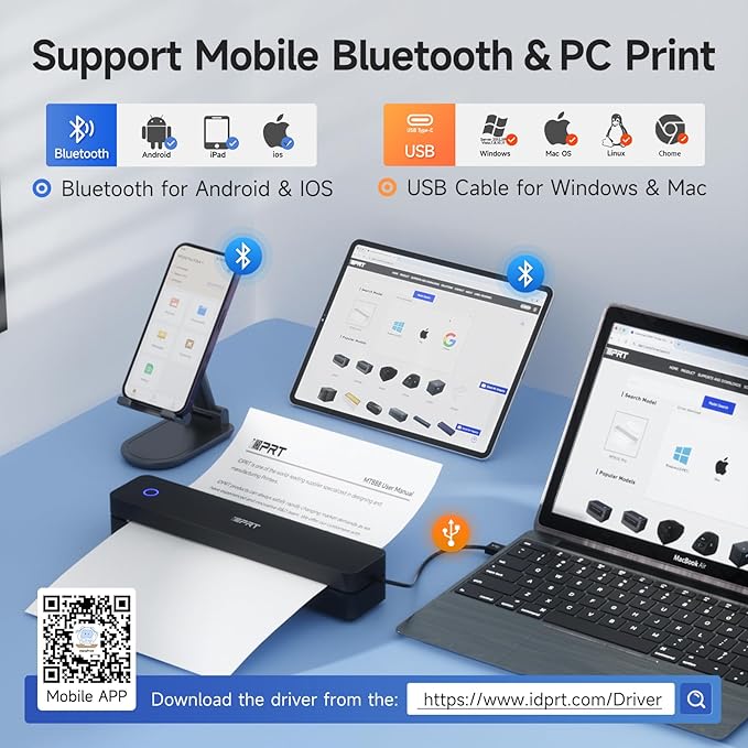iDPRT Portable Printer Wireless for Travel, 300DPI Bluetooth Thermal Printer Support for 8.5"x11" US Letter, Inkless Compatible with iOS, Android, Laptop for Office, Car and Home, School