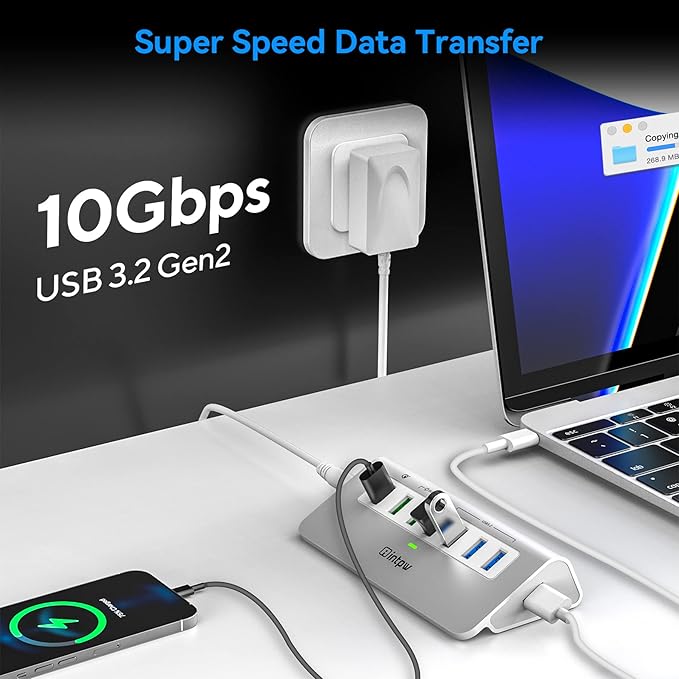 Powered USB Hub 10Gbps, Aluminum 7 Port USB 3.2 Data Hub with 4 USB 3.2 Gen 2 Ports, 3 Fast Charging Ports, 30W Power Adapter, Type A & C Cable for Mac, PC, Laptop