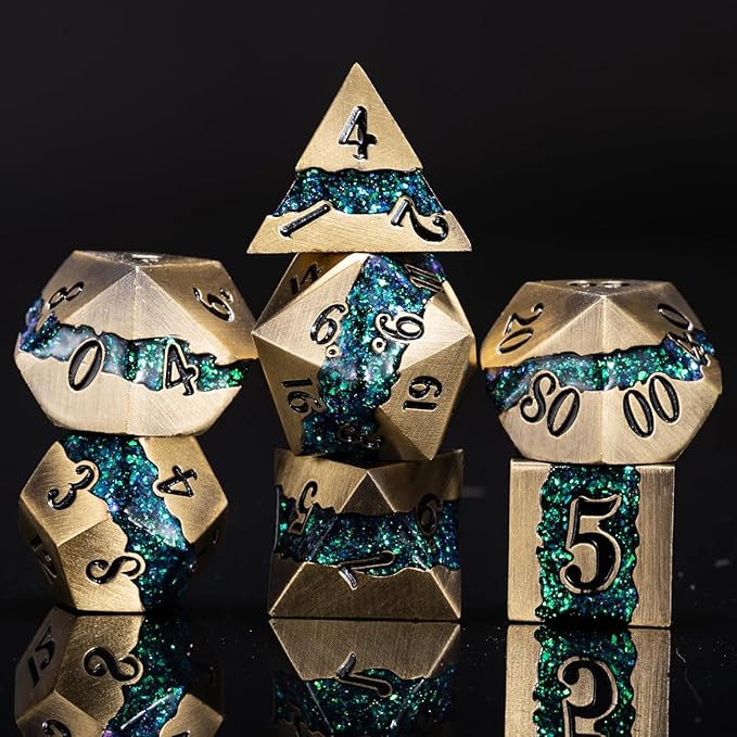 Metal RPG Dice Set,Mica Glitter Stripe Dice DND,Antique Bronze Dice 7pcs Set for Dungeons and Dragons