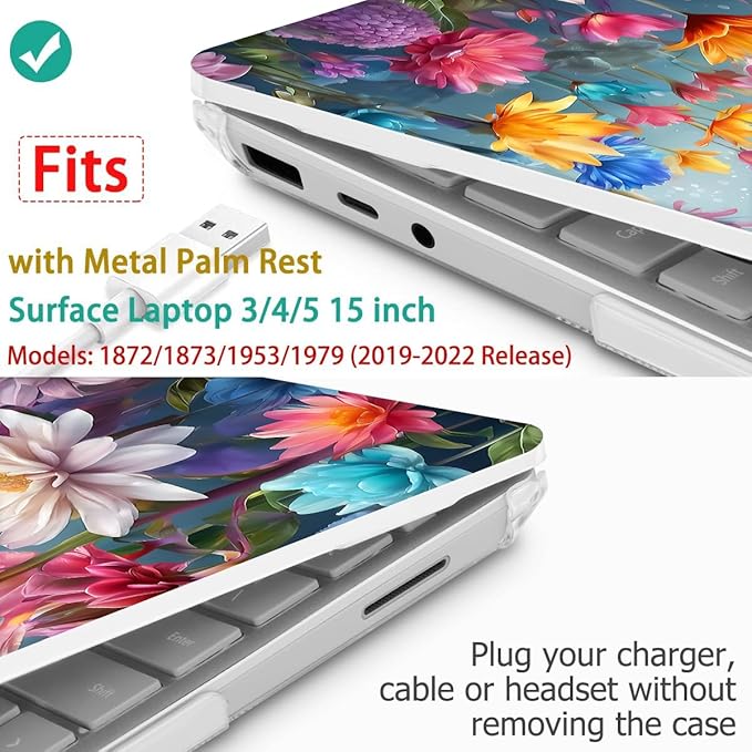 Tuiklol Case for 15 Inch Microsoft Surface Laptop 5/4/3 2022-2020, Model 1979/1953/1872/1873 Hard Shell Cover, Keyboard Cover+Screen Protector+Dust Plugs,Multicolored Floral