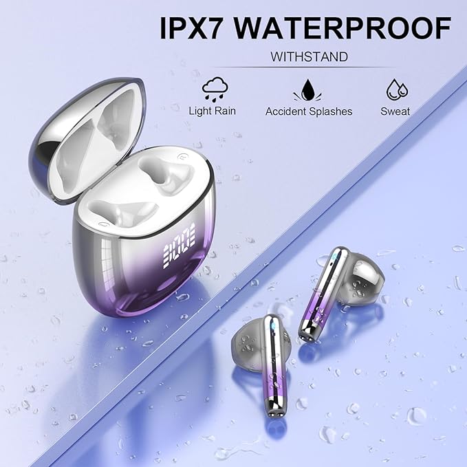 Wireless Earbuds, Bluetooth Headphones 48H Playtime Ear Buds with LED Power Display, IPX7 Waterproof Bluetooth 5.4 Earphones in-Ear Earbuds with 4 Mic for Android iOS Cell Phone Laptop, Purple