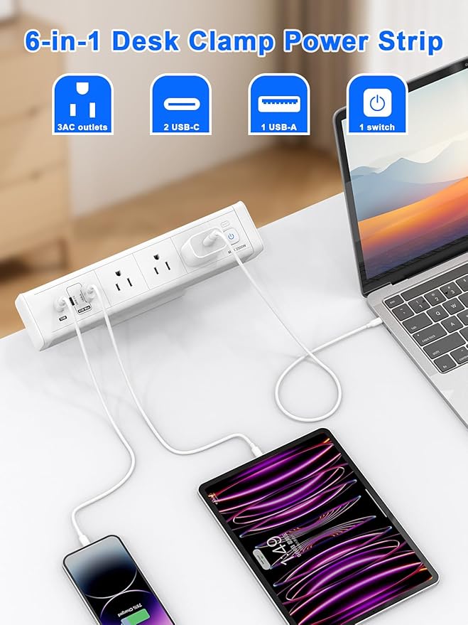 Desk Clamp Power Strip with 65W USB-C&USB A Ports 3 AC Outlet, Nightstand Edge Mount Charging Station Power Strip with USB-C Ports Tabletop Surge Protector for Home Office, Dorm Room(White)