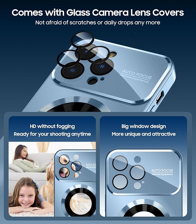 Magnetic for iPhone 16 Pro Max Case, Compatible with MagSafe, Built-in Camera Lens Protector, Logo View, Military Grade Drop Protection Phone Cover, Sierra Blue