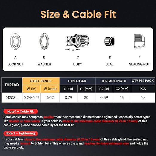 QILIPSU 10pcs M20SL Long Thread Cable Gland Waterproof IP68 Nylon Strain Relief Cord Grip Cable Pass Through Wire Connector
