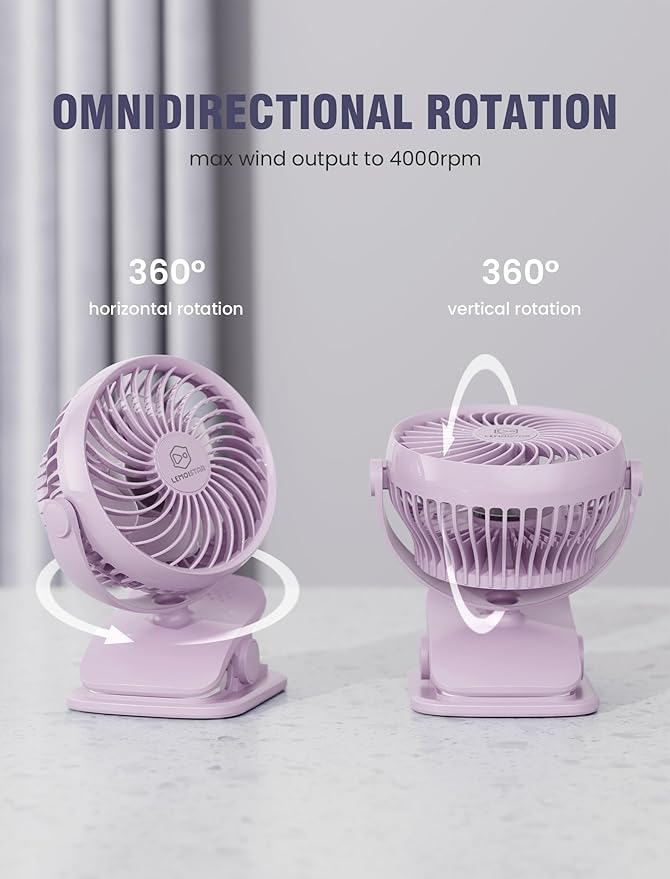 Shinebella AA Battery Powered Clip on Fan with 4-Speed, 5’’ Small Desk Fan with Aroma Function, USB Powered, 360°Rotation, Ultra Quiet, for Golf Cart, Stroller, Bedroom,Car(Batteries Not Included)
