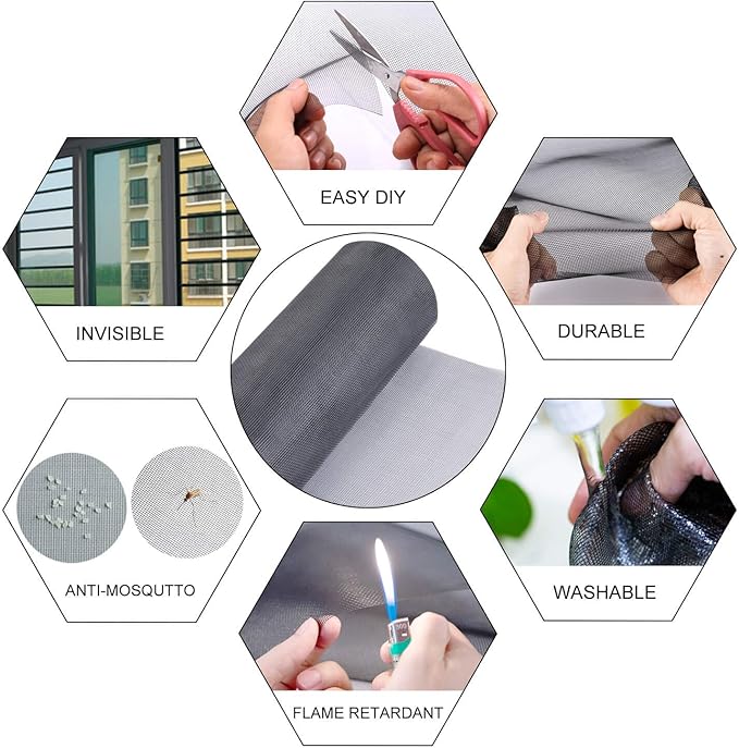 Screen Repair Kit for Windows and Doors 48” x 100" Adjustable Fiberglass Screens with Rolling Tool and Screen Retainer Spline