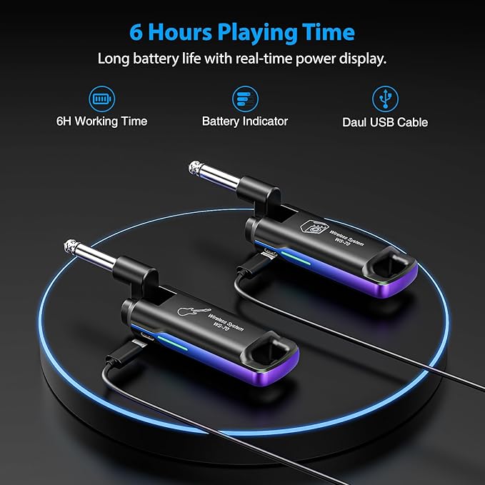 LEKATO Wireless Guitar System UHF Wireless Guitar Transmitter Receiver Rechargeable Audio Wireless Guitar Transmitter and Receiver with 70 Channels Wireless for Guitar Bass Electric Instruments (Blue)