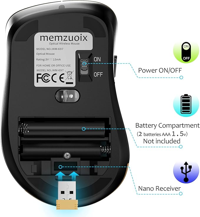 memzuoix 2.4G Wireless Mouse, 1400 DPI Mobile Optical Cordless Mouse with USB Receiver, Portable Computer Mice Wireless Mice for Laptop, PC, Desktop, MacBook, 5 Buttons (Gold)
