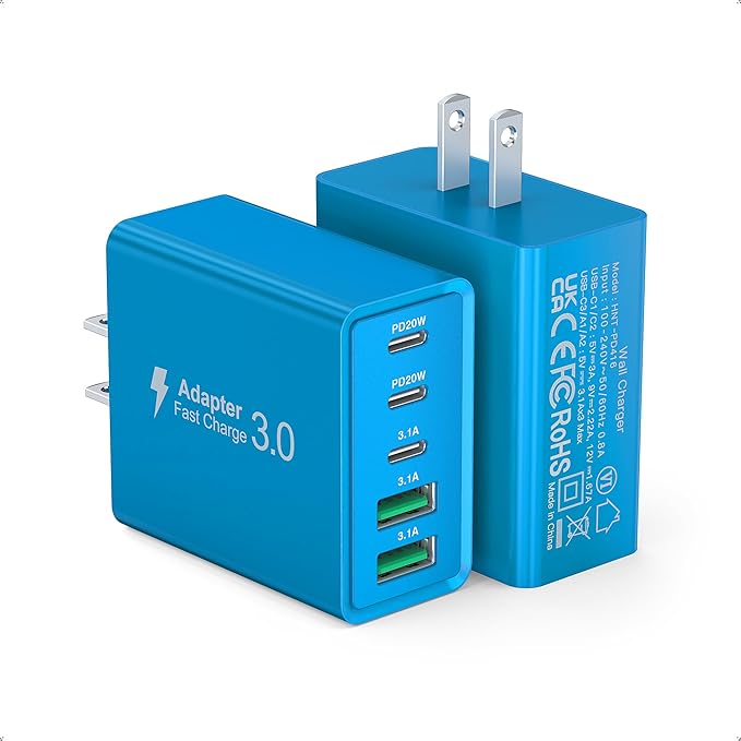 [50W/2Pack] Wall Charger, USB C Charger Block, 5-Port PD + QC 3.0 Fast Charging Power Plug Adapter Brick for Watch Series 10 9 8 7, for iPhone 16 15 14 13 Pro Max Airpod, Samsung Galaxy S24(Blue)
