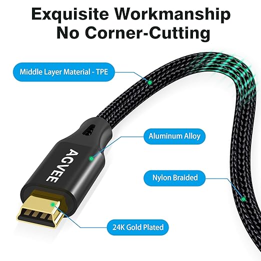 AGVEE 10ft Mini USB Cable, Braided Durable USB-A to Mini-B Charger Charging Cord for TI-84, Garmin GPS, Go-Pro Hero 4 3 2 HD, PS3 Controller, Canon Camera, Blue Yeti Microphone, Black