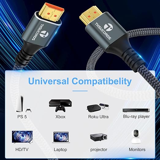 8K 4K HDMI Cable 6.6FT 2 Pack, High Speed Braided HDMI to HDMI 2.1 Cord Supports 8K@60Hz, 4K@120Hz 144Hz 48Gbps Compatible with Roku TV/PS5/HDTV/Blu-ray