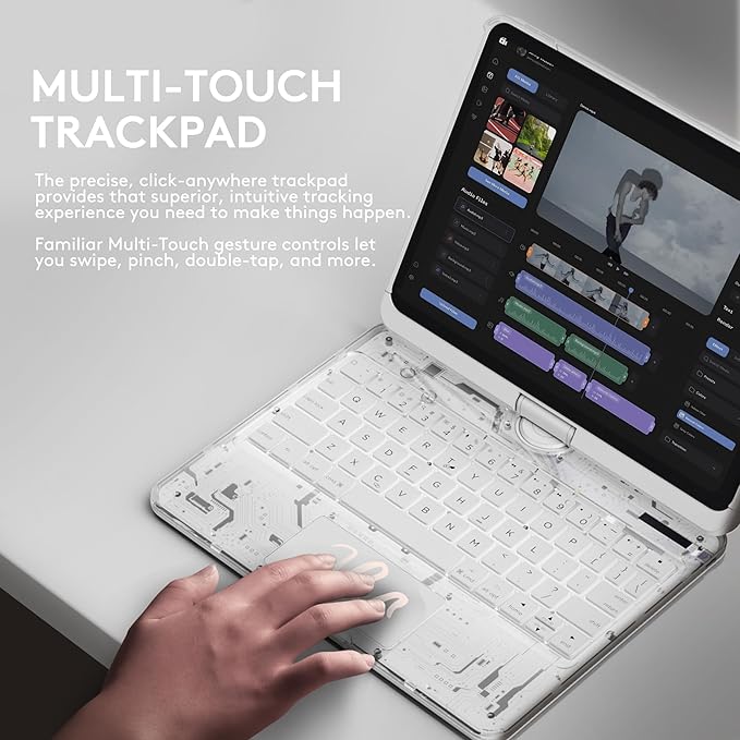 GUSGU Transparent Case with Wireless Keyboard for iPad 10.2-in (7th, 8th, and 9th Gen), 7 Colors Backlight, Trackpad, 360°Rotating Stand, Tech Style