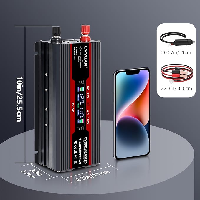 LVYUAN 1000W Car Power Inverter 12V to 110V DC to AC with 2 US Sockets, Cigarette Lighter, LCD Display, USB Ports for Car, Home,Outdoor, Camping