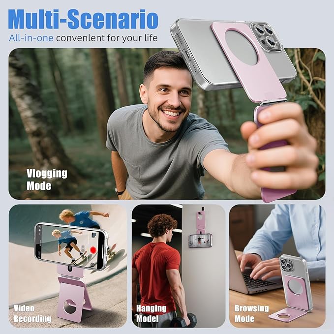 Magnetic Tripod for iPhone, Aluminium Phone Tripod Stand Compatible with Magsafe iPhone 16/15/14/13/12 Series, Foldable Strong Magnetic Phone Stand & Portable Phone Holder, Pink