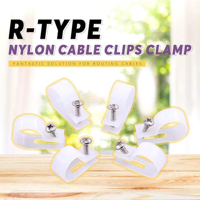 Swpeet 120 Pack White 3/4 Inch Nylon Plastic R-Type Cable Clips Clamp Kit, Nylon Screw Mounting Cord Fastener Clips with 120 Pack Screws for Wire Management (3/4 Inch, White)