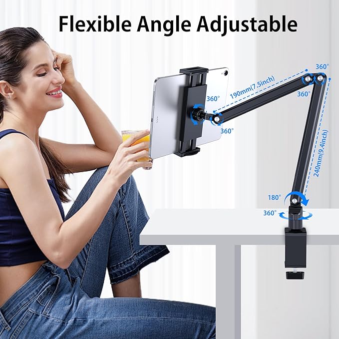Tablet Stand Holder, Aluminum iPad Desk Mount Bracket, Tablet Arm Mount Holder with 360°Rotating Metal Base, Fits for iPad Air Pro Mini, Phones, Samsung Galaxy, Kindle, All 4.7-13 Inch Devices