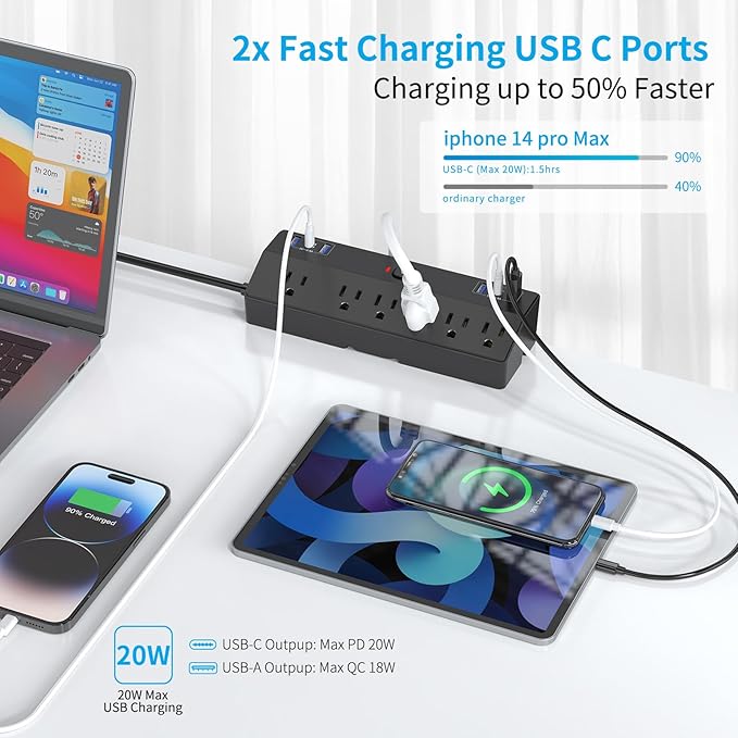 Desk Clamp Power Strip with 40W Fast Charging Station, JXGUCAT Removable Desk Clamp Mount Power Strip Surge Protector, 2 USB-C Ports, 6 AC Outlets and 10ft Cord, Fits 1.8" Tabletop Edge