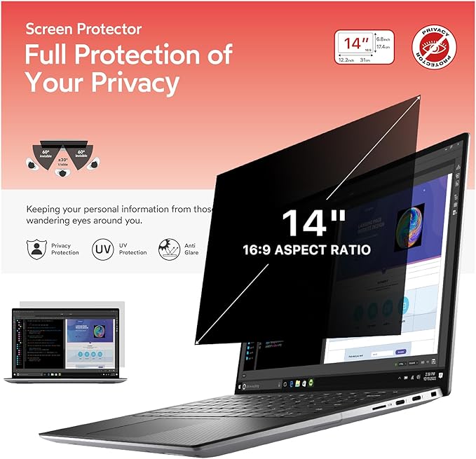 BERSEM 14 inch Removable Laptop Privacy Screen Filter for 16:9 Ratio Monitor, Anti-Spy, Anti-Glare, Anti-Scratch, UV-Blocking