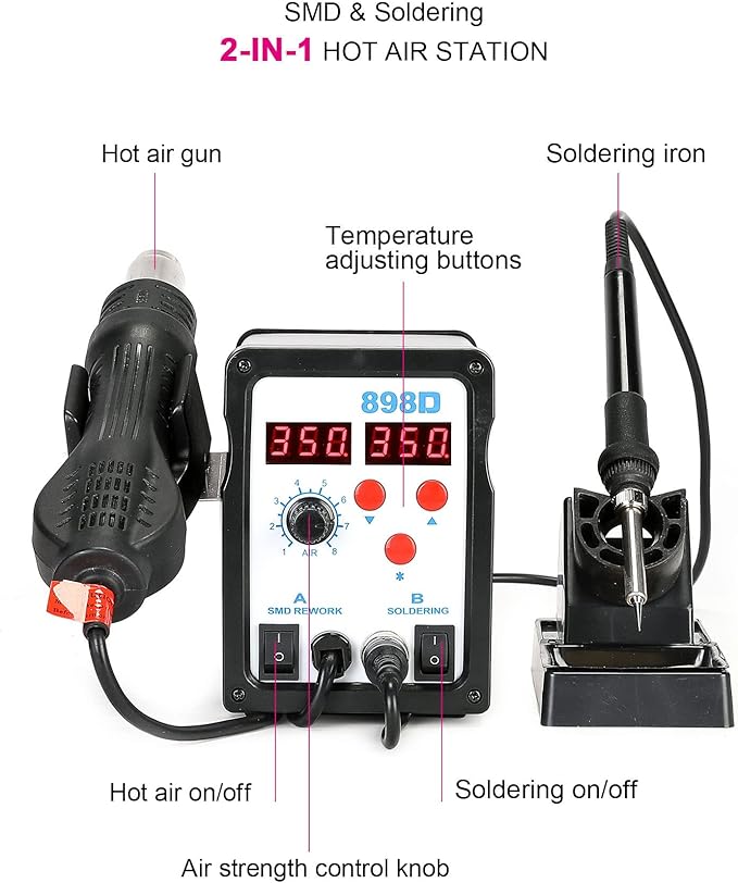 CREWORKS 2 in 1 SMD Soldering Iron & Hot Air Rework Station with LED Display, 898D Soldering Kit with Heat Gun, Digital Electronic Repair Tool with 11pcs Soldering Tips