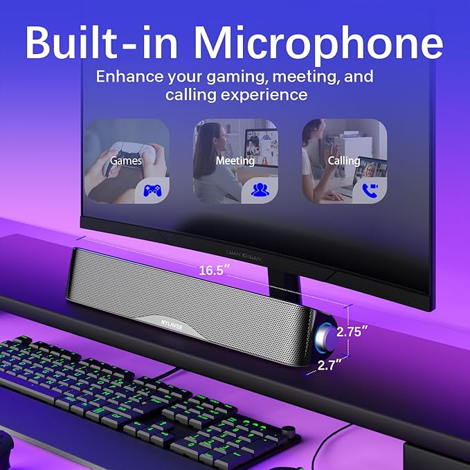 Computer Speakers, HiFi Sound Quality Computer Sound Bar, USB Powered PC Speakers, Bluetooth 5.0 and 3.5mm Aux-in Computer Speakers for Desktop, Laptops, PCs, Phones, Tablets, Xbox, Gaming Speakers