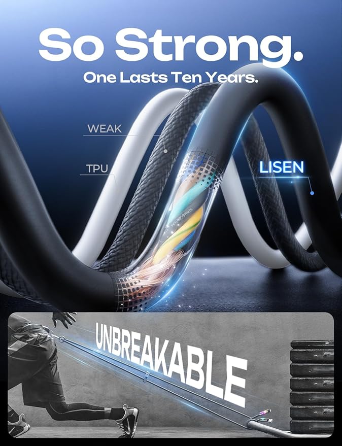 LISEN USB C Cable 3FT for Samsung Charger Type C, Chubby 4 in 1 Charging Cable with Light, Multi Charging Cable for iPhone 16 15 14 Pro Max/MacBook/iPad Pro/SamSungS25, All Devices, Black