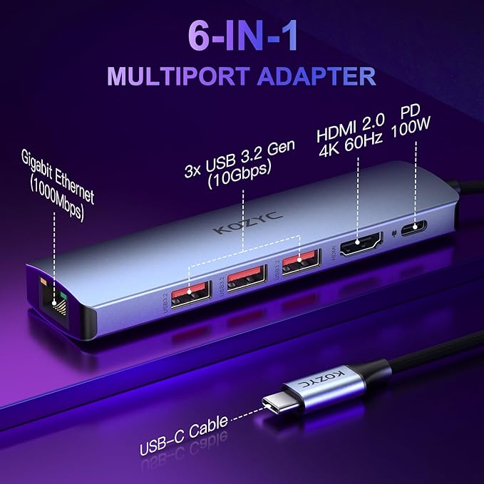 USB C Hub Ethernet, KOZYC 6-in-1 USB C Hub with 10Gbps, HDMI 4K 60Hz, 1Gbps Ethernet, 3xUSB-A 3.2, 100W PD Compatible with MacBook Air/Pro, XPS13/15, Dell
