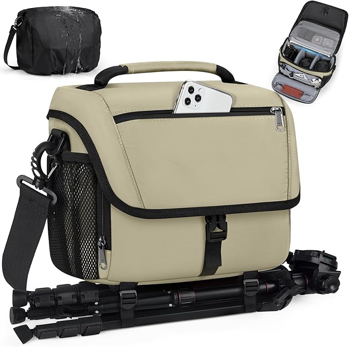 RAINSMORE Camera Bag, DSLR/SLR/Mirrorless Camera Case with Tripod Holder Waterproof Camera Sling Bag Crossbody Camera Bags for Photographers with Rain Cover for Canon/Nikon/Sony/Fuji, Khaki