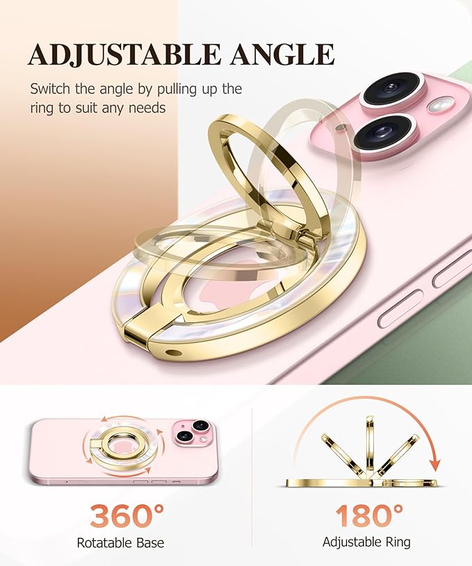 GVIEWIN Magnetic Phone Ring Holder, Compatible with MagSafe Phone Grip with Adjustable Stand, Magnet Phone Ring Kickstand for iPhone 16 Pro Max/Plus/15/14/13/12 Series/Other Phones (Pearly/Purple)