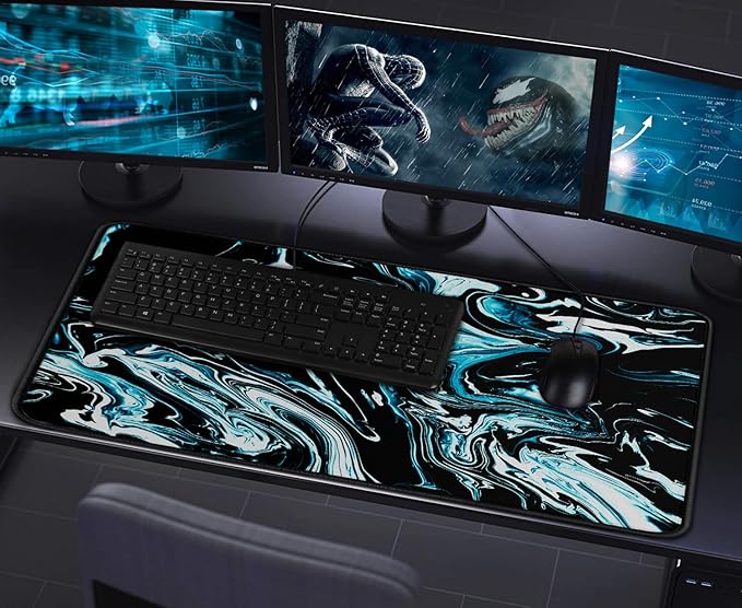 Gaming Mouse Pad with Stitched Edges, Durable Non-Slip Natural Rubber Base, Waterproof Computer Keyboard Pad Mat for Esports Pros/Gamer/Desktop/Office/Home - Marble Cyan