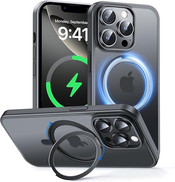 MAGIC JOHN 360° Rotatable Magnetic Invisible Stand for iPhone 14 Pro Max Case [Anti-Slip Grip] [Compatible with MagSafe] 16FT Shockproof for iPhone 14 Pro Max Case with Kickstand, Black