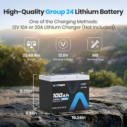 12V 100Ah Group 24 Lithium Deep Cycle Battery, 100A BMS Rechargeable LiFePO4 Battery, Low/High Temperature Cutoff Protection, 1.28kW Max Load Power for RVs, Boats, Off-Grid, Home Energy Storage