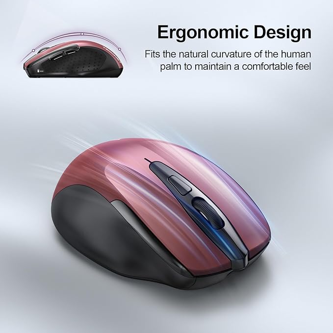 TECKNET Wireless Mouse (BT5.0/3.0 & 2.4G) Rechargeable 4800 DPI Silent USB A & Bluetooth Mouse 6 Buttons, Wide Compatibility - Red