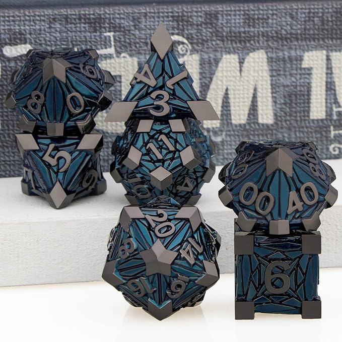7PCS Metal DND Dice Set with Box, Debris RPG Black Blue D and D Dice for use with D&D Tabletop Games Role Playing Game Polyhedral Dice Set D20 D12 D10 D8 D6 D4