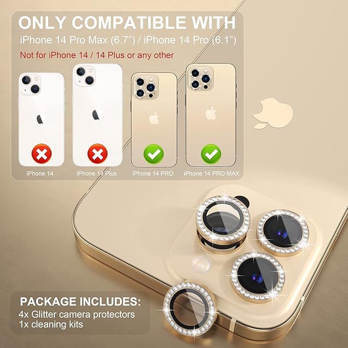 Choiche [3+1 for iPhone 14 Pro/iPhone 14 Pro Max Camera Lens Protector Bling, 9H Tempered Glass Camera Cover Screen Protector Metal Ring Decoration Accessories (Diamond-Gold)