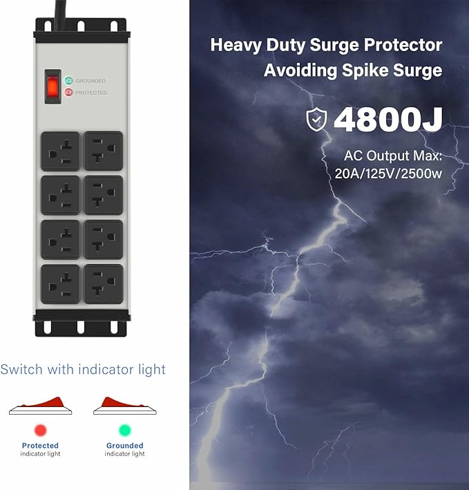 CCCEI Heavy Duty Power Strip Surge Protector 20 AMP, 8 Outlets 12 Gauge Industrial Shop Garage Metal Multiple Outlets, 15 FT Extension Cord 5-15P Adapter High Amp 6-20R T-Slot 20a for Appliance