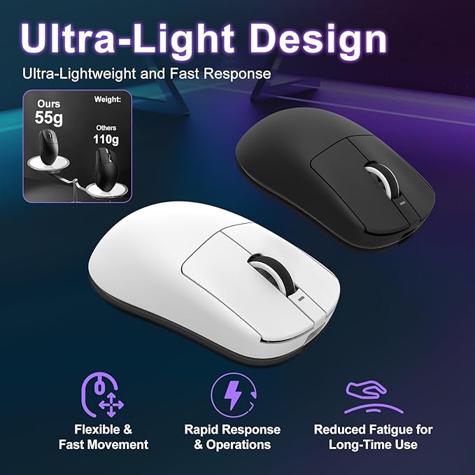 R1 SE+ Gaming Mouse, 18000 DPI, High-Precision PAW3395 SE Sensor,55g Lightweight,Three Connection Modes Wireless Mouse, Programmable Ergonomic Mouse Suitable for Laptops/PC/Mac (Black)