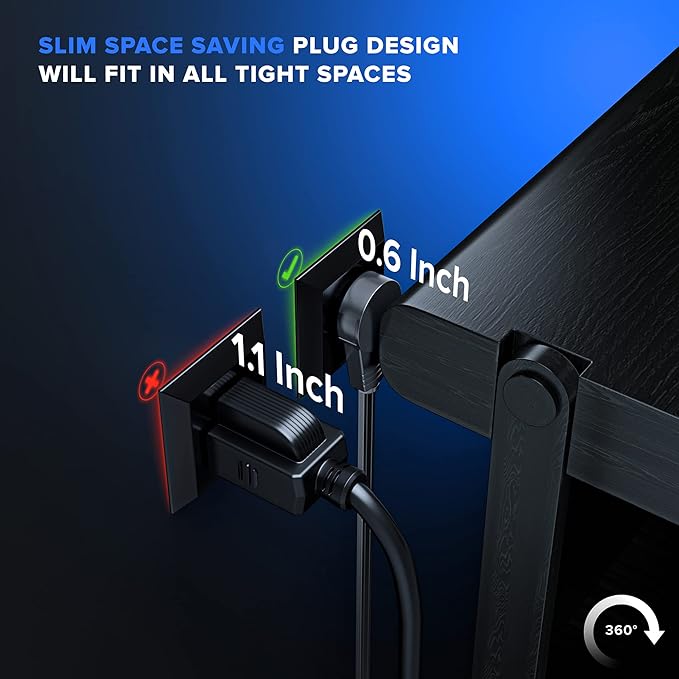 Maximm Cable 12 Ft 360° Rotating Flat Plug Extension Cord, 16/3 AWG Multi 3 Outlet 3-Prong Grounded Wire- Black - UL Certified