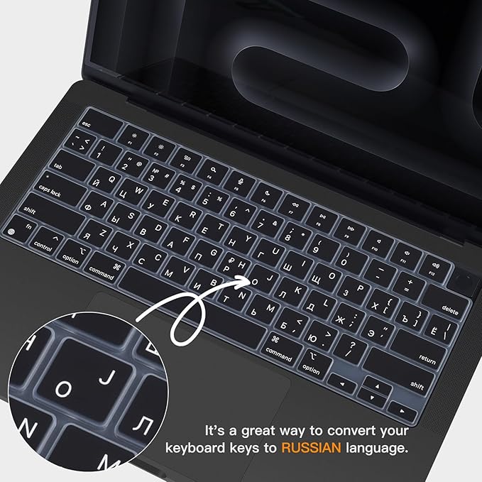 Russian Keyboard Cover Skin for 2024 2023 2022 2021 Apple MacBook Pro 14 A3112 A3401 A3185 A2992 A2918 A2442 A2779, MacBook Pro 16 A3403 A3186 A2991 A2485 A2780 M4 M3 M2 M1 Pro Max Protector-Black