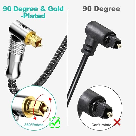 EMK Premium 24K Gold-Plated Right Angle Optical Cable – 90° Toslink to Toslink (4M/12Ft), 360° Rotatable for Soundbars, TVs & Home Theater