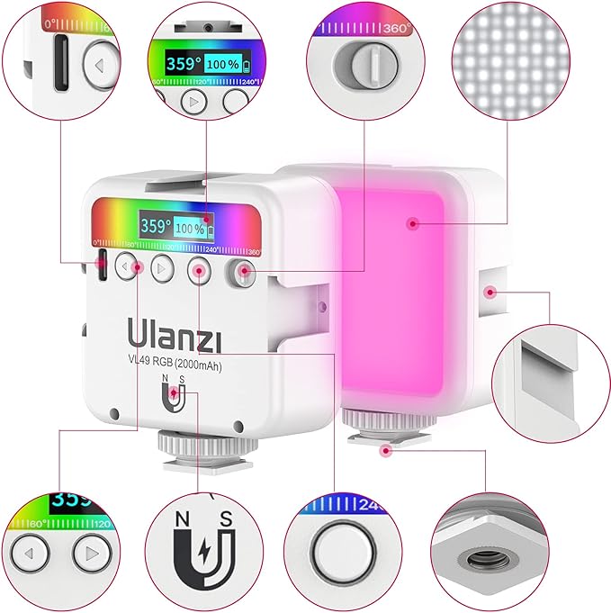 ULANZI VL49 RGB Video Lights White, LED Camera Light 360° Full Color Portable Photography Lighting w 3 Cold Shoe, 2000mAh Rechargeable CRI 95+ 2500-9000K Lamp Support Magnetic Attraction