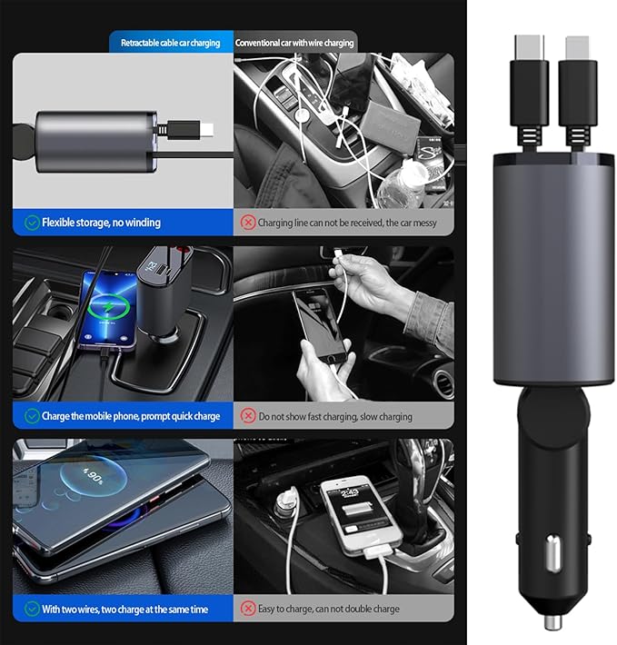 Retractable Car Charger，4 in1 Fast Car Phone Charger with Dual Retractable Cables and 2 Charging Ports (Dual Lightning Retractable Cords)