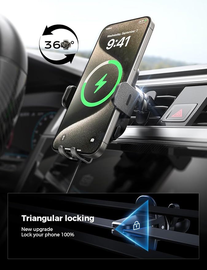 CHGeek Wireless Car Charger with Phone Holder Mount, 15W Fast Charging Auto Clamping Phone Holders for You Car Windshield Dashboard Air Vent Accessories for iPhone, Samsung Galaxy, Google, etc